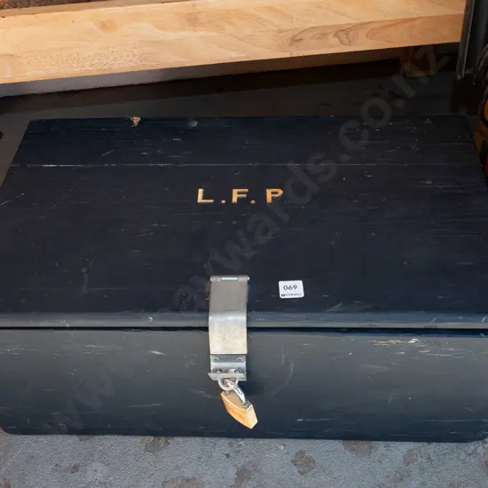 wooden box with initials L.F.P - no lock for padlock 