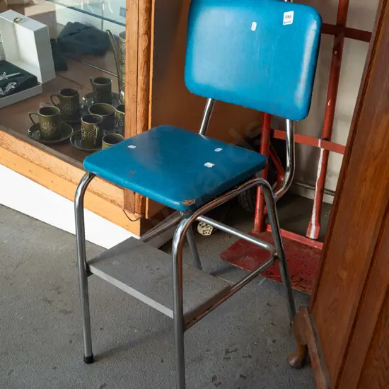 chrome and blue vinyl kitchen step stool
