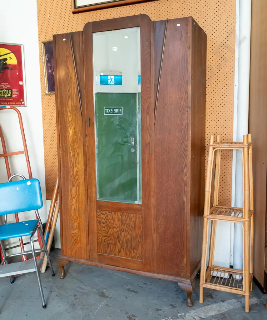 single door oak deco cupboard with mirror - some tarnishing H1835 W985 D455 Image 1++