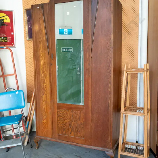 single door oak deco cupboard with mirror - some tarnishing H1835 W985 D455
