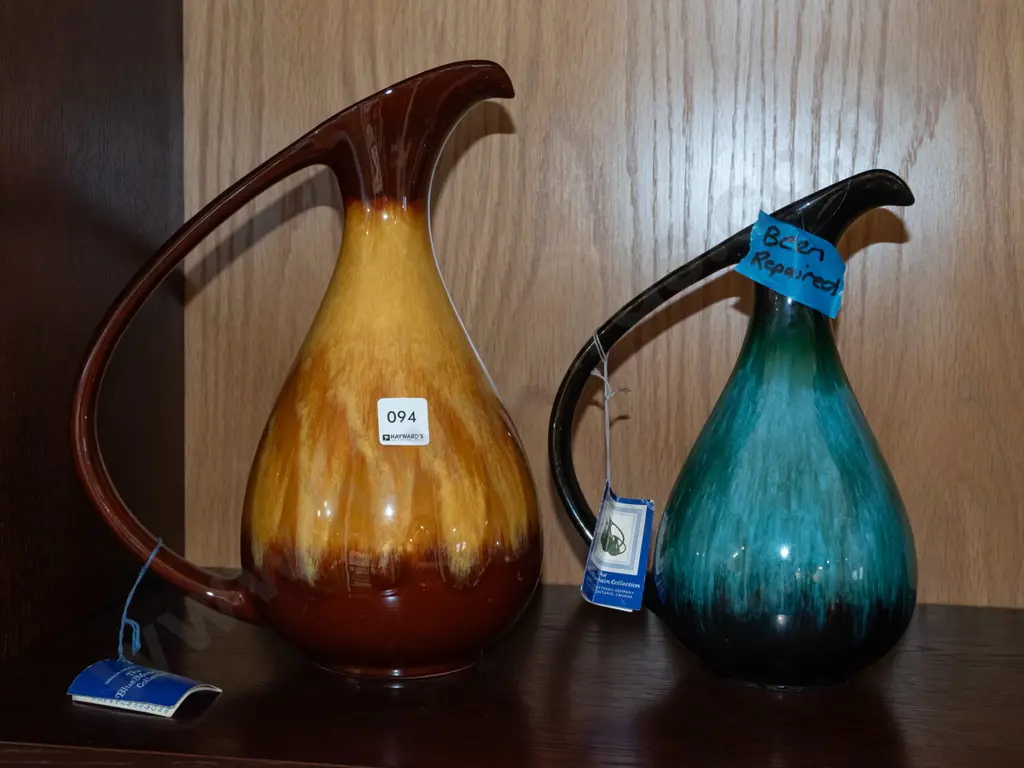 2x Blue Mountain ewer vases - smaller has repair to spout H320 Image 1++