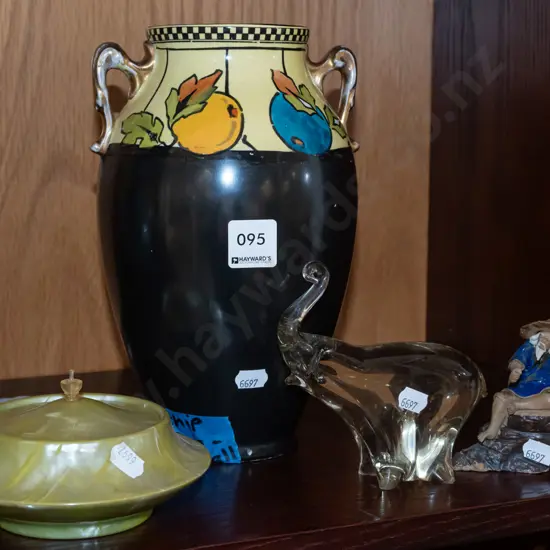 Phoenix Ware hand painted ewer vase, lidded trinket box, mud figurine, glass elephant Vase H230
