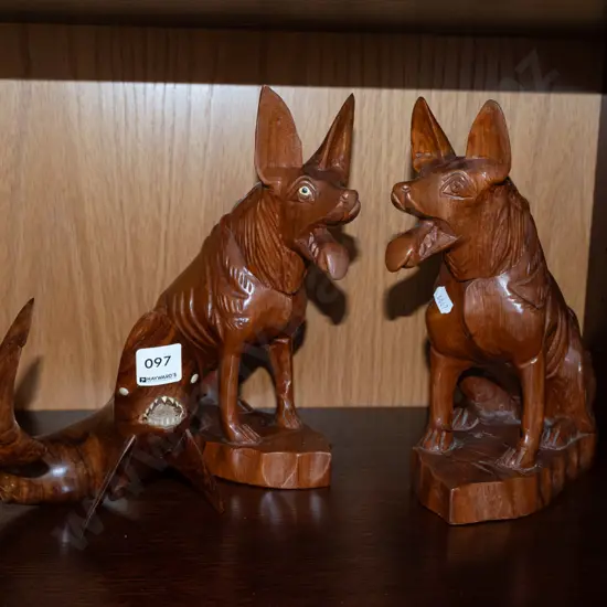 2x carved wooden dog figurines, shark figurine H250