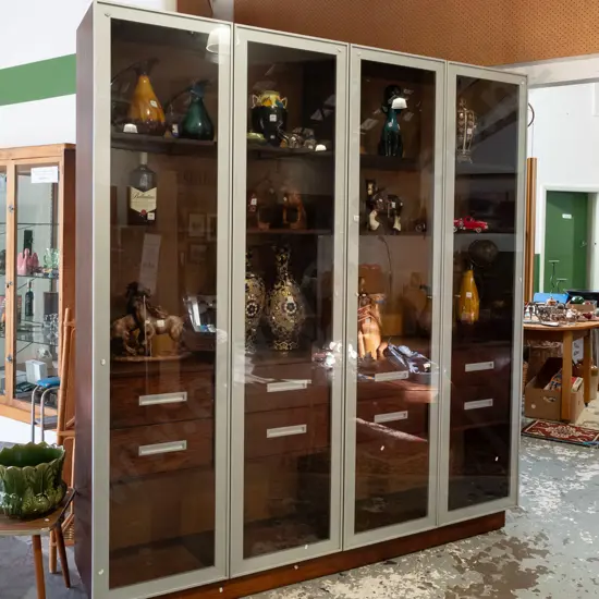 contemporary mdf oak veneer wall unit with 4 double handled drawers, 4 glazed and alloy doors, 4 adjustable shelves