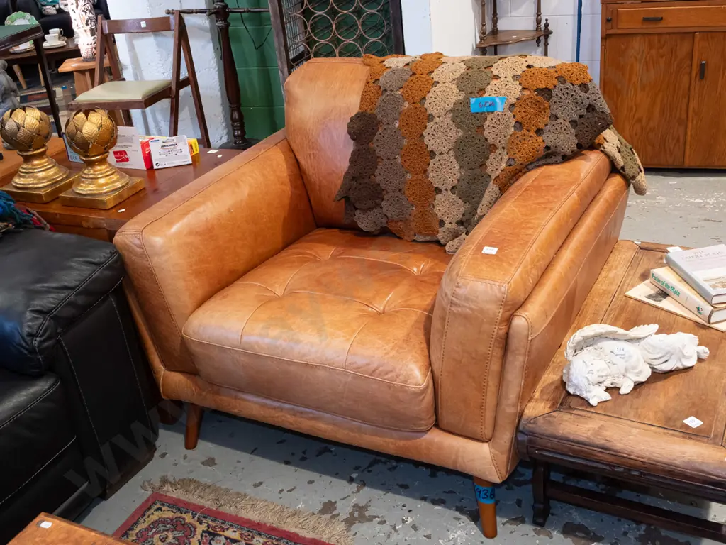 brown natural leather deep buttoned armchair and footstool Image 1++