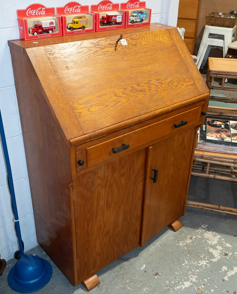 2 door 1 drawer drop front desk with internal shelving - key in office H970 W705 D255 Image 1++