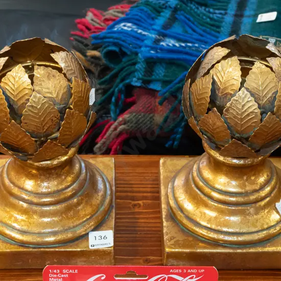 2x gilt leaf candlesticks H24
