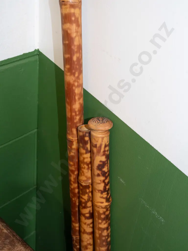 3x lengths of bamboo curtain rods Tallest L2700 Shorter L1200 - 1 is missing turned wood end Image 1++