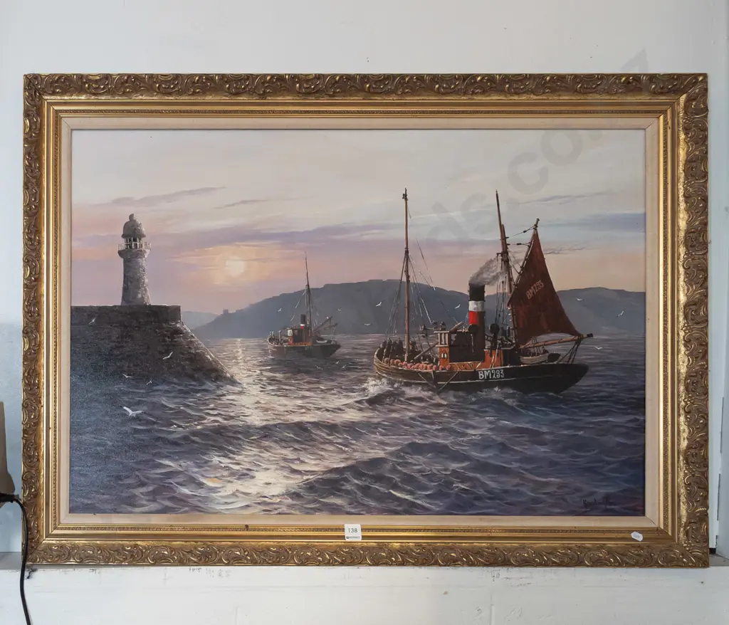 gilt framed oil on board - fishing boats - tears and repairs to canvas Image 1++