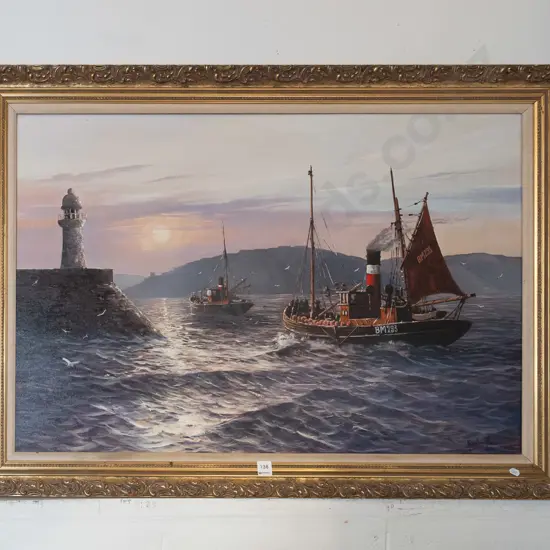 gilt framed oil on board - fishing boats - tears and repairs to canvas