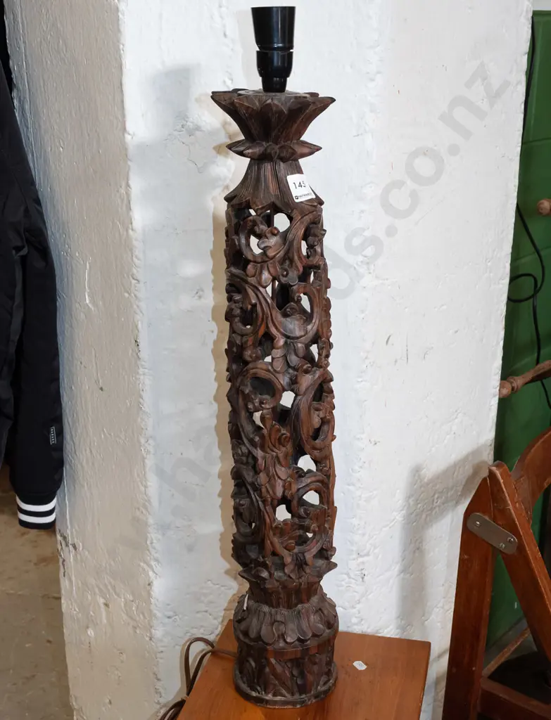 heavily carved piereced wooden lamp base H720 Image 1++