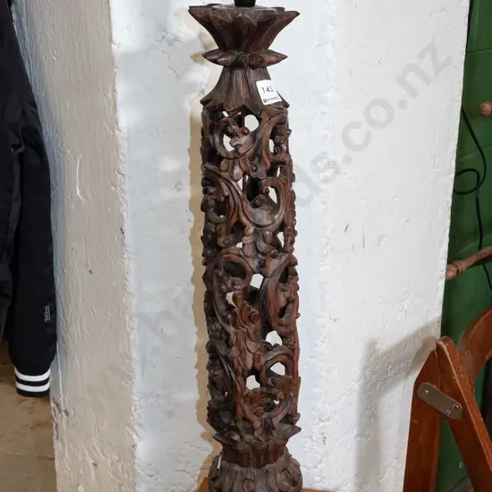 heavily carved piereced wooden lamp base H720