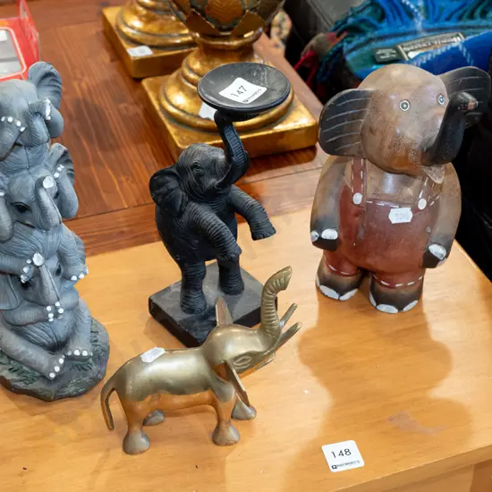 3x elephant figurines, candlestick Tallest H270