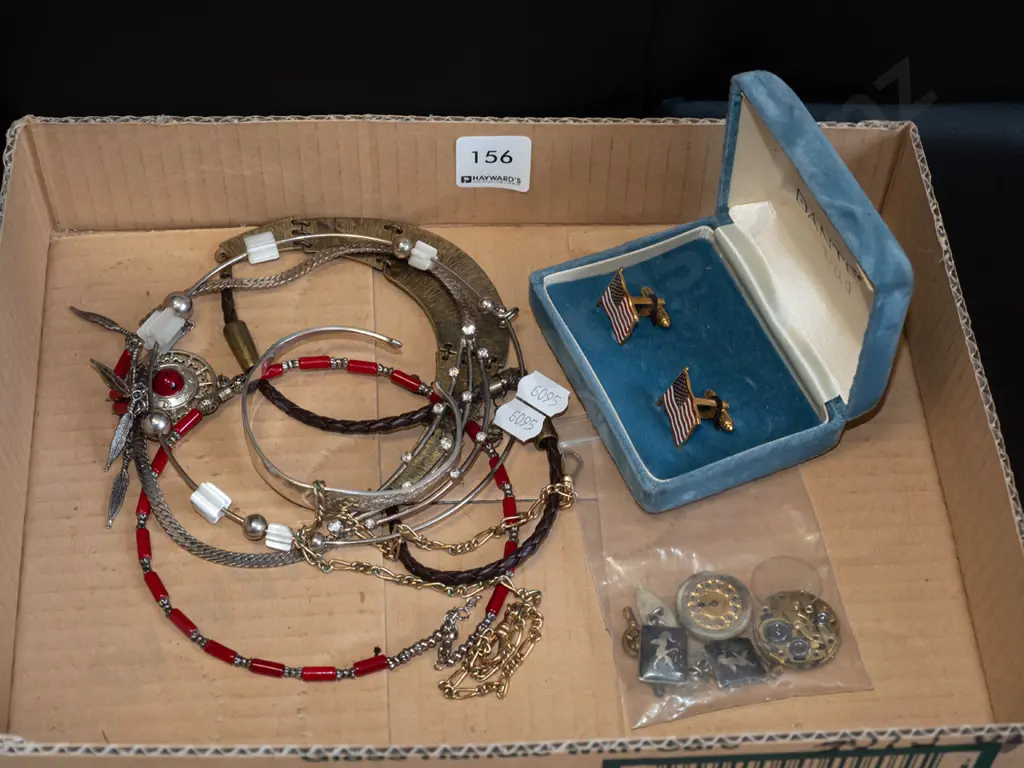 box; watch parts, stars and stripes cuff links, necklaces Image 1++