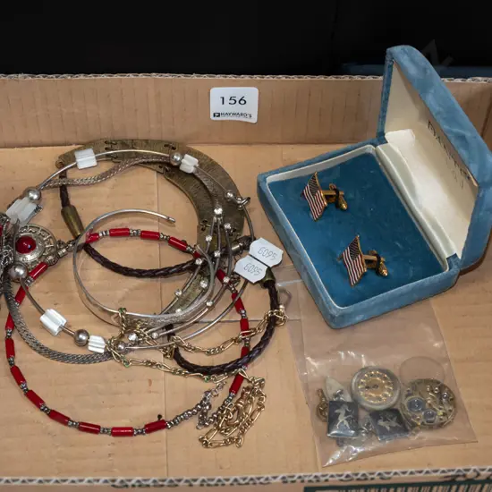 box; watch parts, stars and stripes cuff links, necklaces