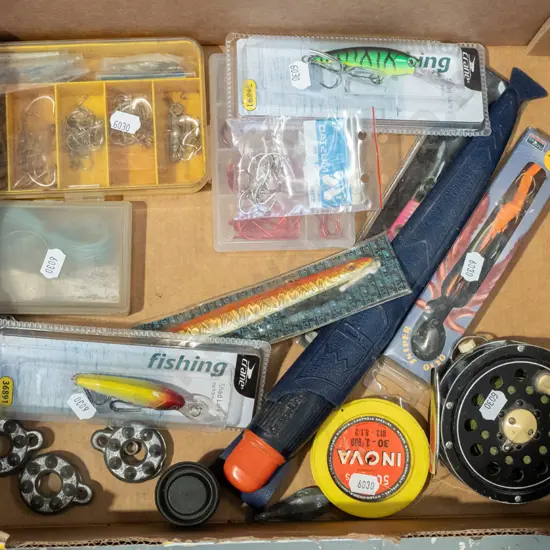 box; fishing lures, hooks, reel etc