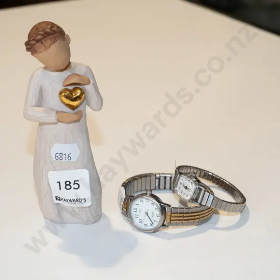 small wooden figurine & 2 wristwatches