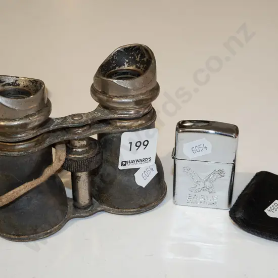 pair of vintage binoculars & lighter