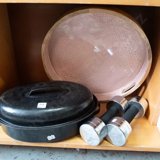 hand weights, tray & black speckled enamel casserole
