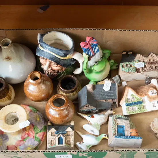 box; Radford candlestick, toby jug, small vases etc