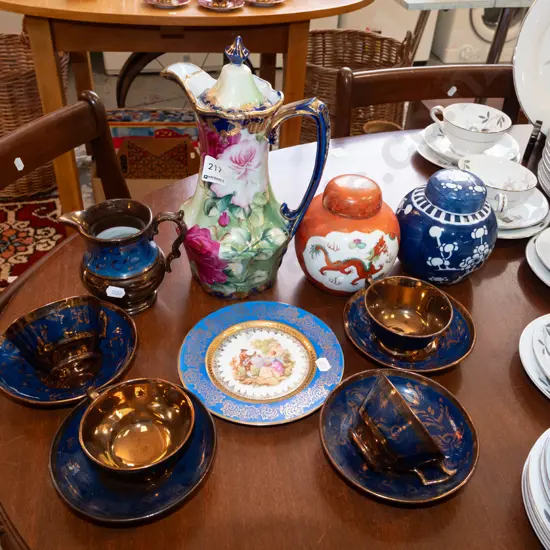 cobalt and gold cups, saucers, ginger jars, Limoges plate etc