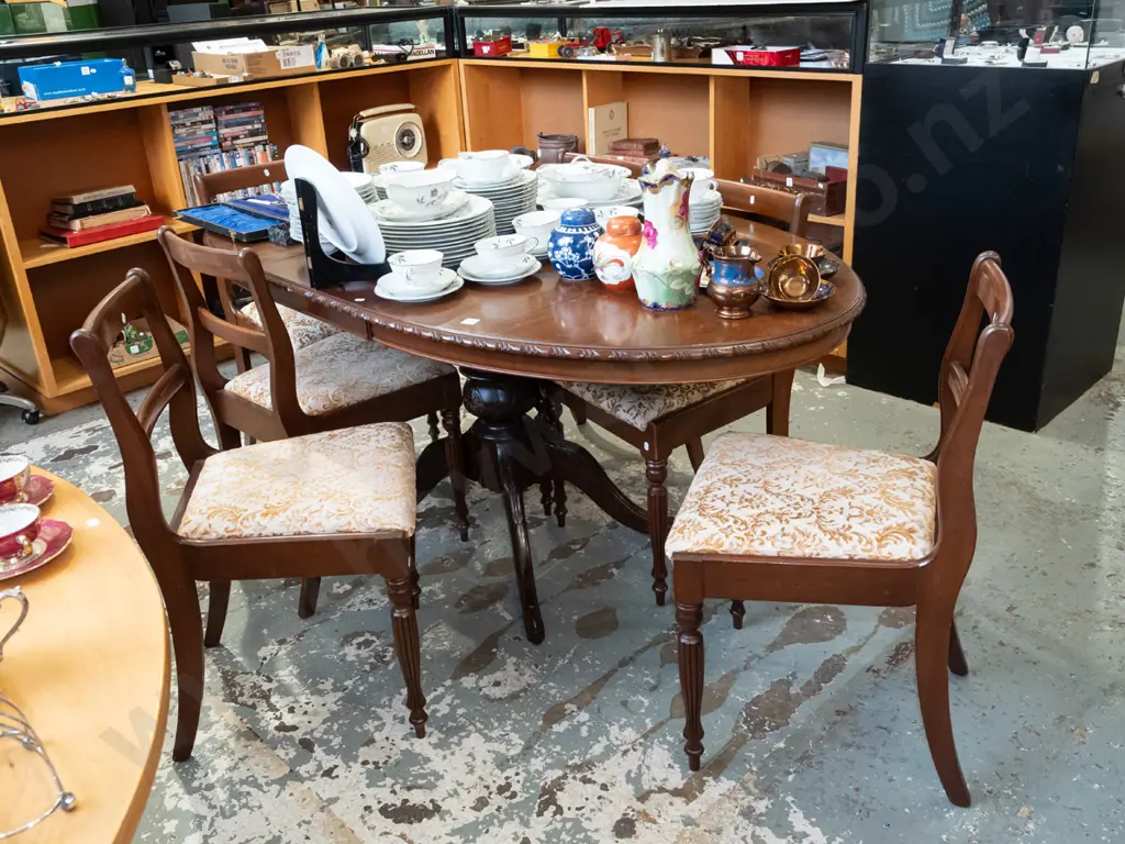 mahogany veneer extending pedestal dining table with 6 matching floral chairs H760 W1750 D900 Image 1++