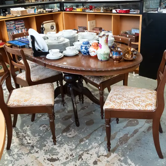 mahogany veneer extending pedestal dining table with 6 matching floral chairs H760 W1750 D900