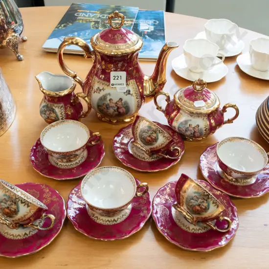 9 piece German pottery romance scene coffee set Jug H200