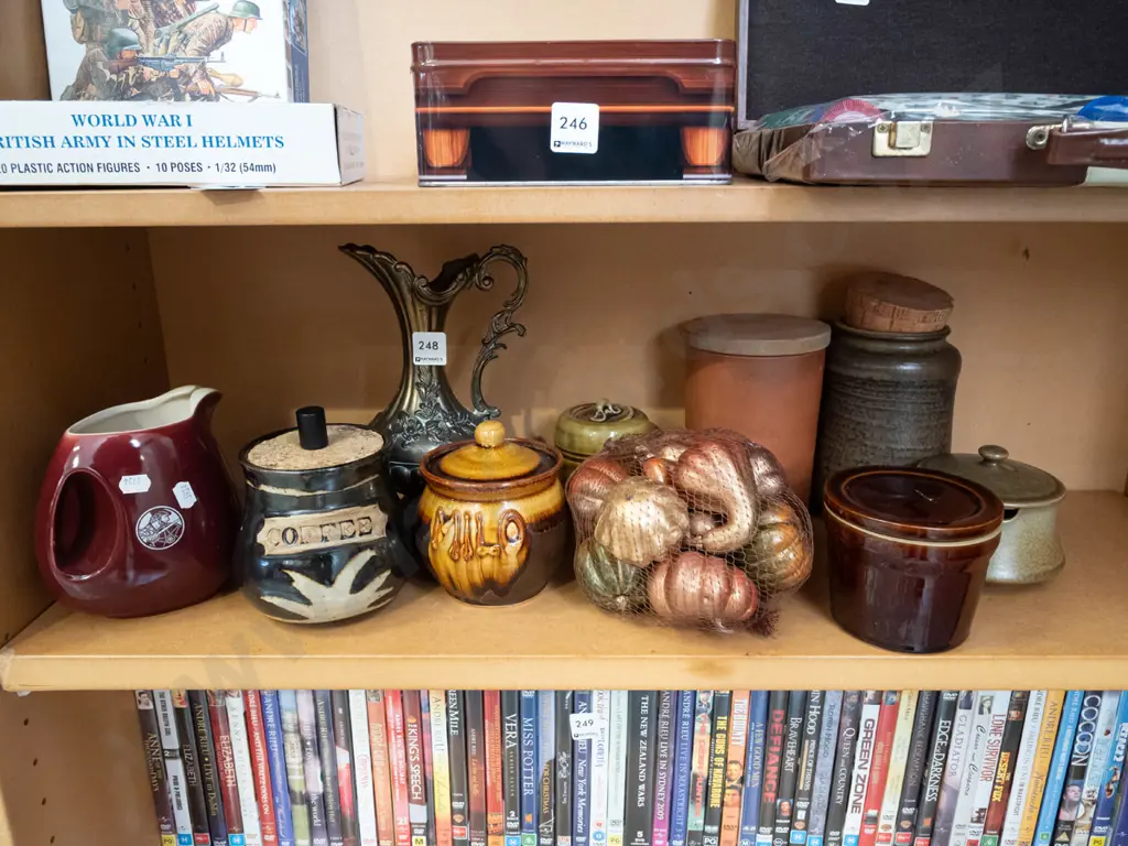 shelf; whisky jug, glass ewer vase, small polystyrene gourds Image 1++
