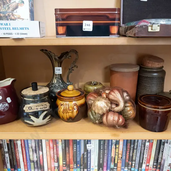 shelf; whisky jug, glass ewer vase, small polystyrene gourds