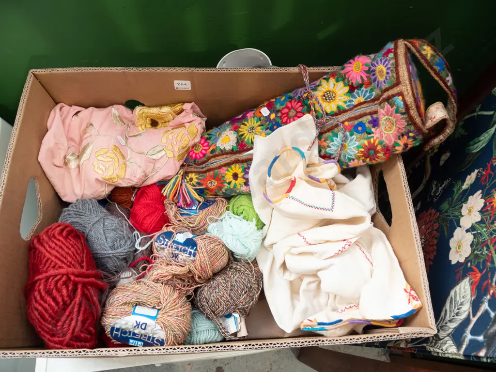 box; knitting yarns, needles, hand worked dress etc Image 1++