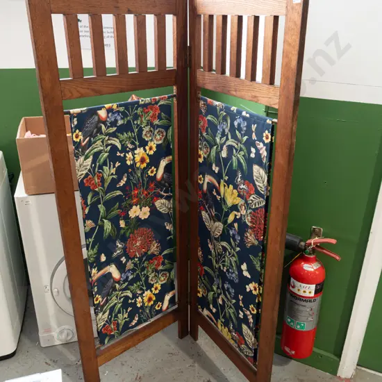oak 2 fold screen with botanical themed fabric centres H560 W1112