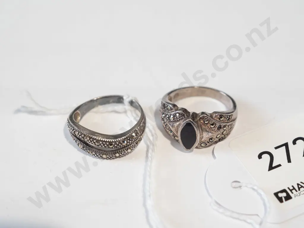 2x sterling silver marcasite rings - 1 missing 2 stones Image 1++