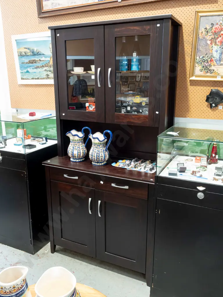 dark stained pine bookcase chiffonier with 2 glazed doors, 2 cupboard doors H2000 W1010 D510 Image 1++