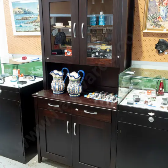 dark stained pine bookcase chiffonier with 2 glazed doors, 2 cupboard doors H2000 W1010 D510