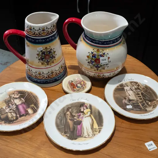 2x decorative china jugs, 3 cabinet plates, pin dish, (tallest has hair line cracks) H230