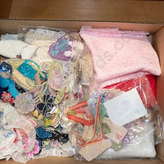 box; fabric pieces, laces etc