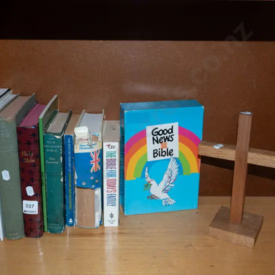shelf of various books & wooden crucifix H230mm