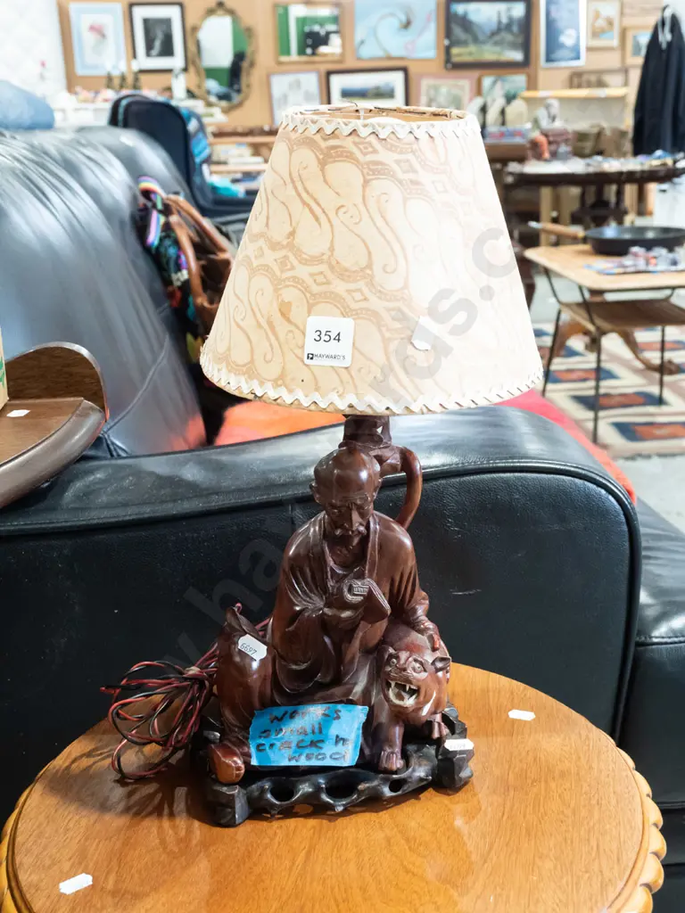 carved wooden figural based table lamp - man and cat - crack to baseH400 Image 1++