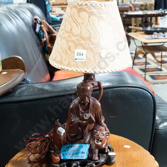 carved wooden figural based table lamp - man and cat - crack to baseH400