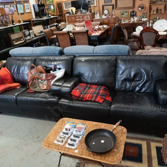 black leather upholstered 2 piece lounge suite - 2x 2 seater settees - some deterioration to leather in spots