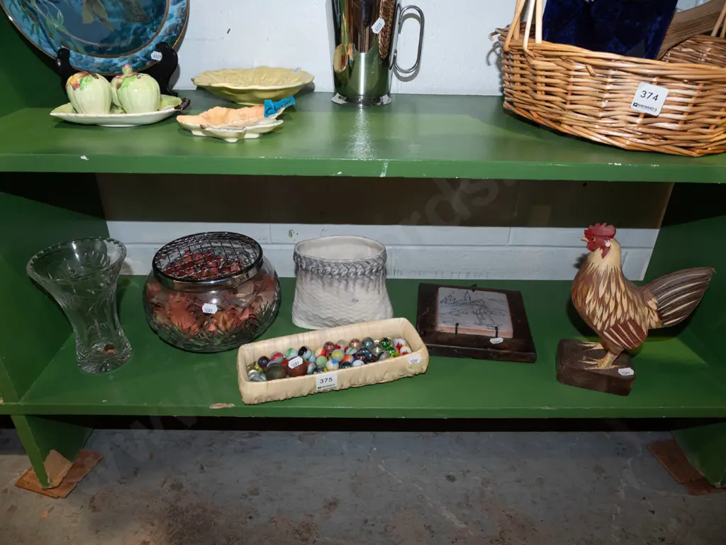 shelf; rose bowl, crystal vase, marbles etc basket vase has crack Image 1++