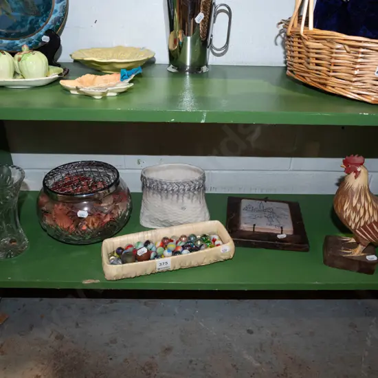 shelf; rose bowl, crystal vase, marbles etc basket vase has crack