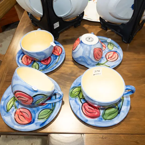 4x Christine Harris studio pottery coffee cups and saucers