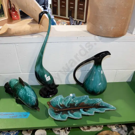 Blue Mountain items; swan, dolphin, leaf dish etc- numerous repairs H460