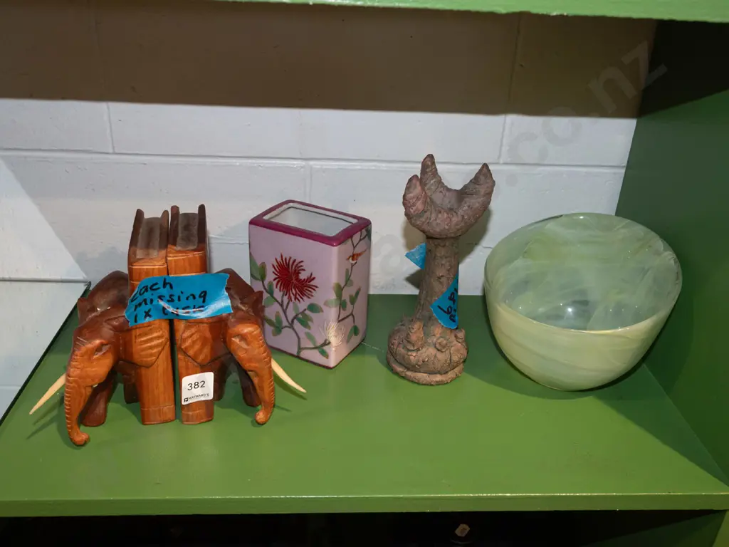 elelphant  bookends - missing  some tusks, slab pottery vase, glass bowl etc Image 1++