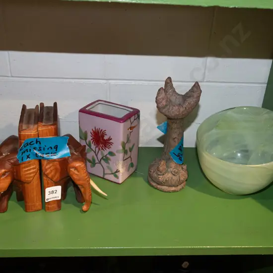 elelphant  bookends - missing  some tusks, slab pottery vase, glass bowl etc