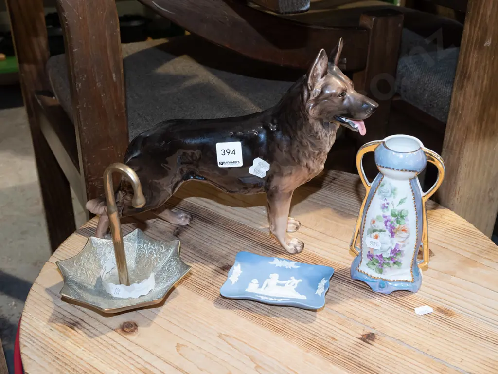 alsatian figurine - chip to ear, brass ring dish, vase, jasper ware diah Image 1++