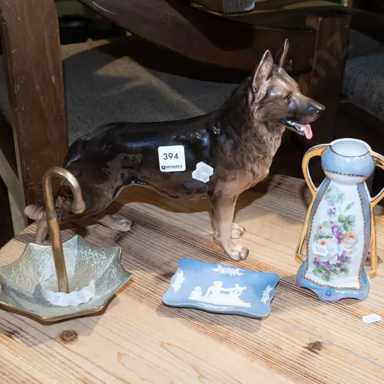 alsatian figurine - chip to ear, brass ring dish, vase, jasper ware diah
