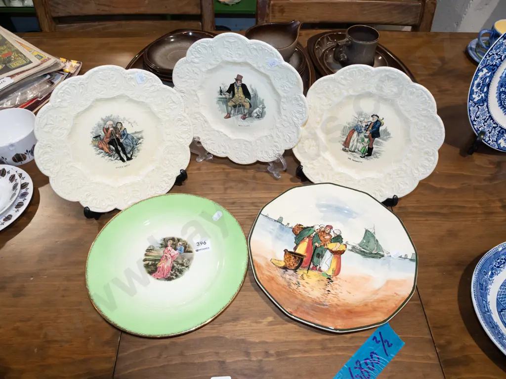 3x Coalport Dickens plates, Crown Lynn romance plate, Royal Doulton plate Image 1++